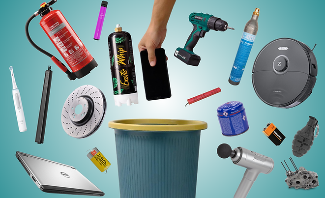 Gefahrenstoffe, die regelmäßig im Müll landen: Smartphone, Feuerlöscher, elektrische Zahnbürste, Akku, Gaskartusche etc.